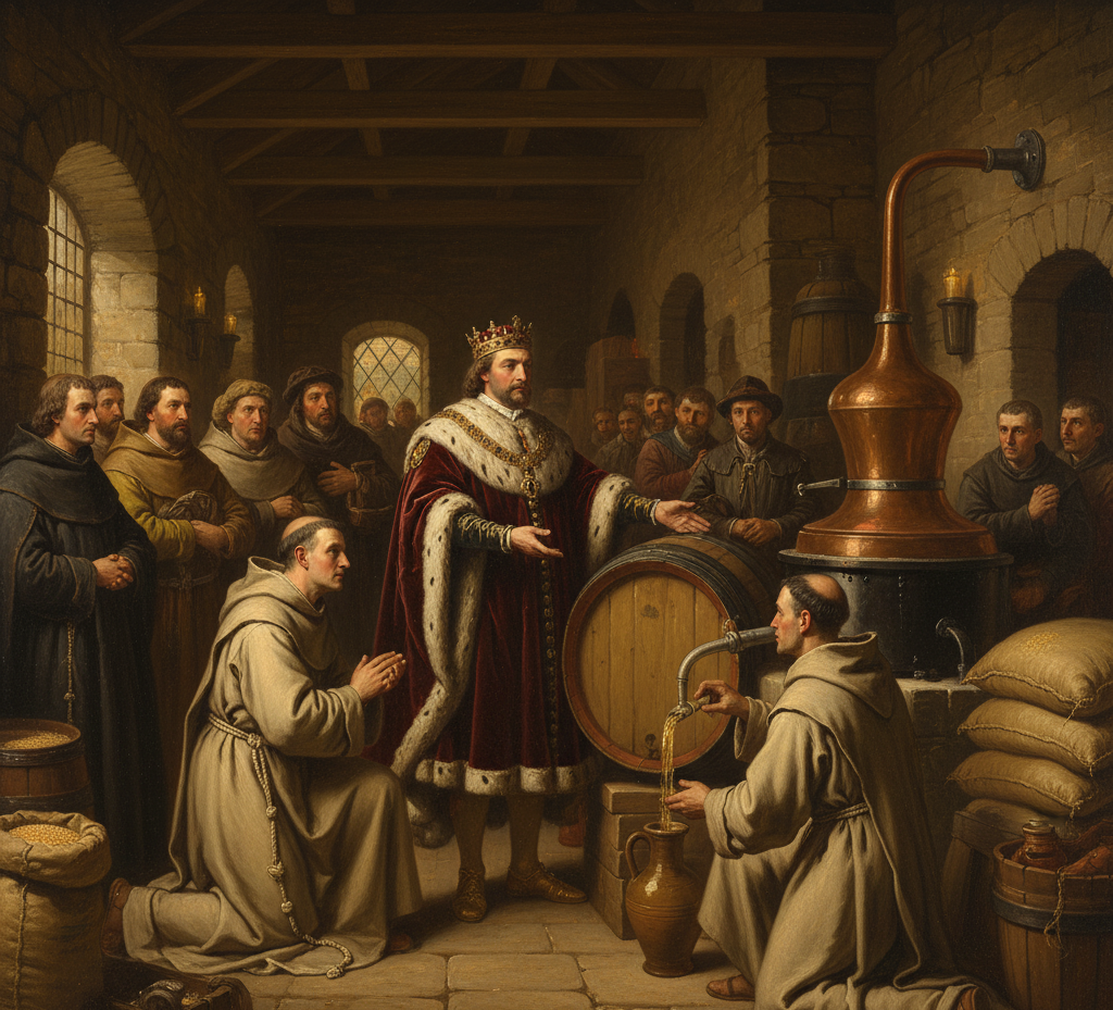 Bustling 19th-century Scottish distillery interior with workers operating massive copper column stills